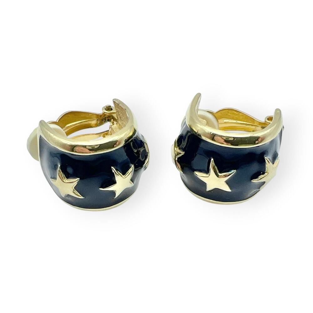 FLP Half Hoop Earrings Clip On Chunky Navy Enamel Gold Tone Stars Retro Chic Vtg